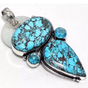 Turquoise & Blue Topaz 925 Silver Plated Long 2.5" Southwestern, Boho Pendant